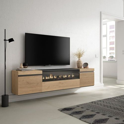 Meuble Tv Effet Bois De Chêne 200x35x45cm Cheminée Effet Feu
