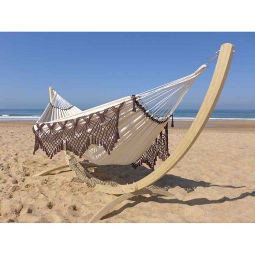 Hamac Xxl En Coton Blanc Et Marron Et Pied De Hamac En Bois