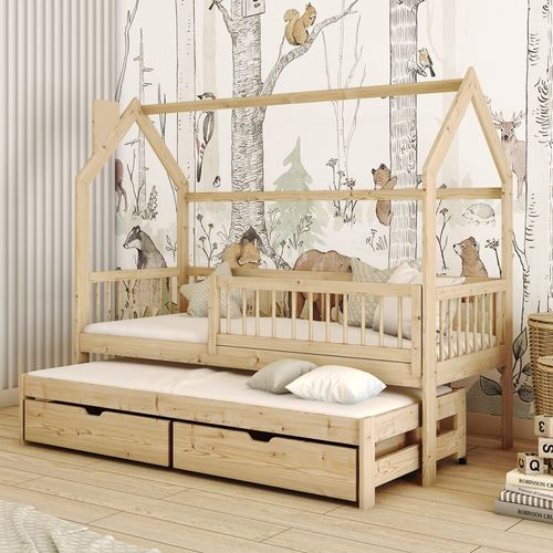 Lit Cabane 90x190 Sommiers Lit Gigogne Et Tiroirs Beige