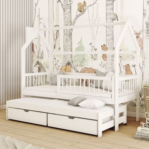 Lit Cabane 90x200 Sommiers Lit Gigogne Et Tiroirs - Blanc