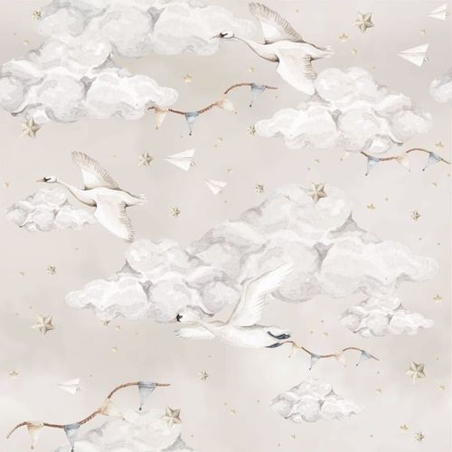 Papier peint enfant cygnes fond beige 100x280cm