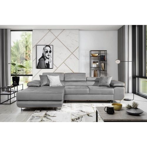 Canapé D'angle Gauche Convertible Velours Gris 5 Places