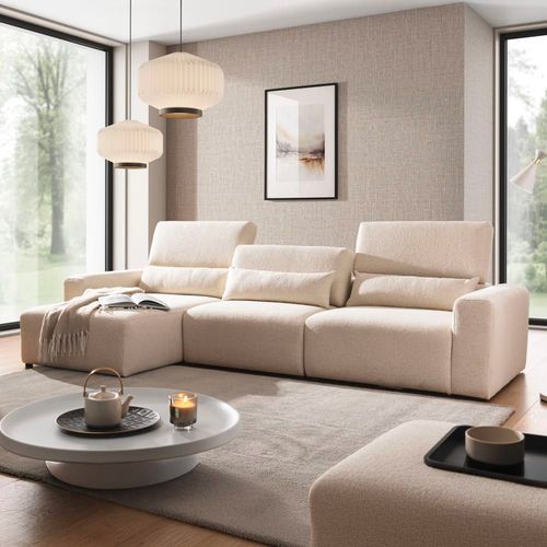 Canapé D'angle Gauche 3 Places Têtières Relevables Bois De Pin Beige