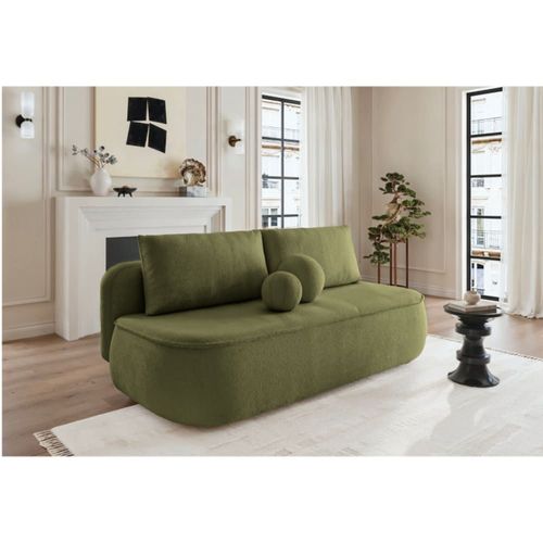 Canapé Droit Tissu Bouclette Vert Olive 2 Places