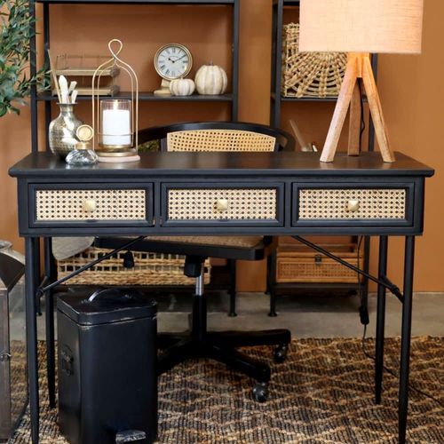 Table De Bureau Secrétaire En Rotin Et Fer Noir Antique 110 X 42 X80cm