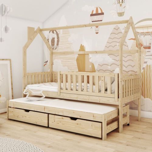 Lit Cabane 90x200 Sommiers Lit Gigogne Et Tiroirs Beige
