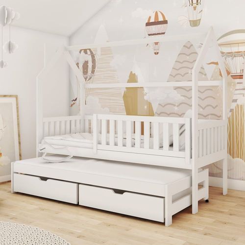Lit Cabane 90x190 Sommiers Lit Gigogne Et Tiroirs - Blanc