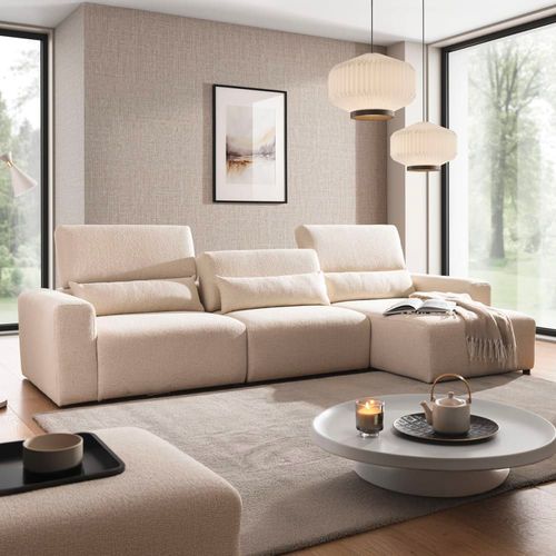 Canapé D'angle Droit 3 Places Têtières Relevables Bois De Pin Beige