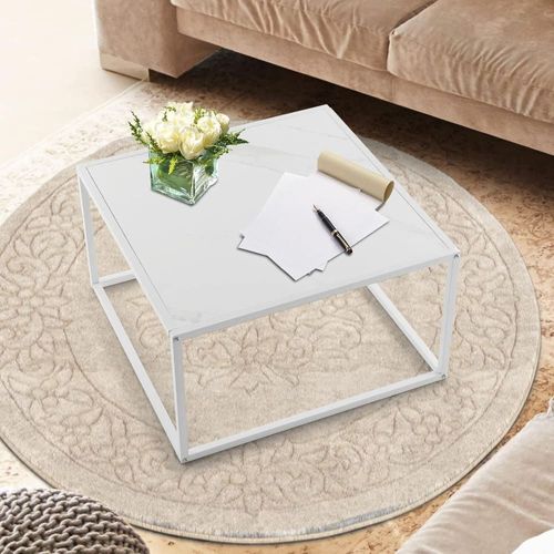 Table Basse Faux Marbre Rectangulaire Moderne Simple Blanc 70x70x40cm