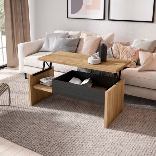 Table Basse Relevable Effet Bois De Chêne Et Noir 110x50x45cm