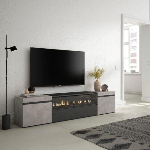 Meuble Tv Effet Bois Ciment 200x35x45cm Cheminée Effet Feu