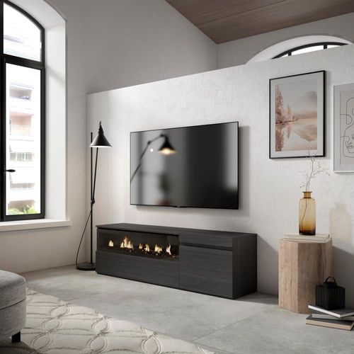Meuble Tv Effet Bois Noir 150x35x45cm Cheminée Effet Feu