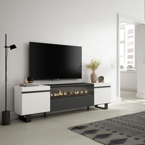Meuble Tv Effet Bois Blanc Et Noir 200x35x57cm Cheminée Effet Feu