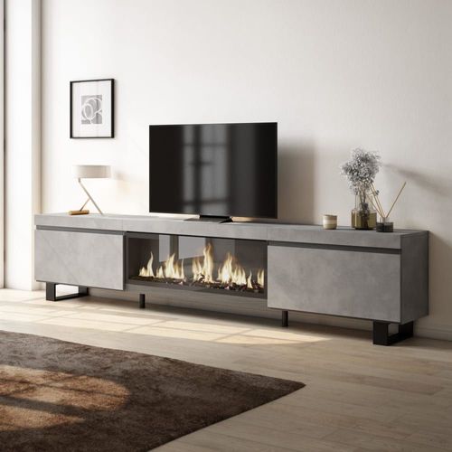Meuble Tv Effet Bois Ciment 267x35x57cm Cheminée Effet Feu Xxl