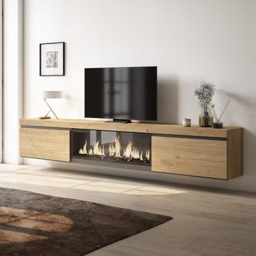 Meuble Tv Effet Bois De Chêne 267x35x45cm Cheminée Effet Feu Xxl