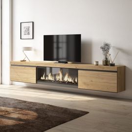 Meuble Tv Effet Bois De Chêne 267x35x45cm Cheminée Effet Feu Xxl