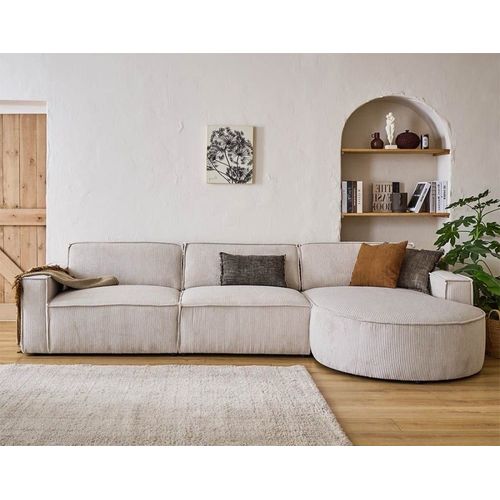Canapé D'angle Droit 5 Places En Velours Côtelé Beige