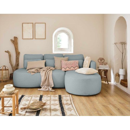 Canapé D'angle Droit Convertible 4 Places En Tissu Bouclette Bleu
