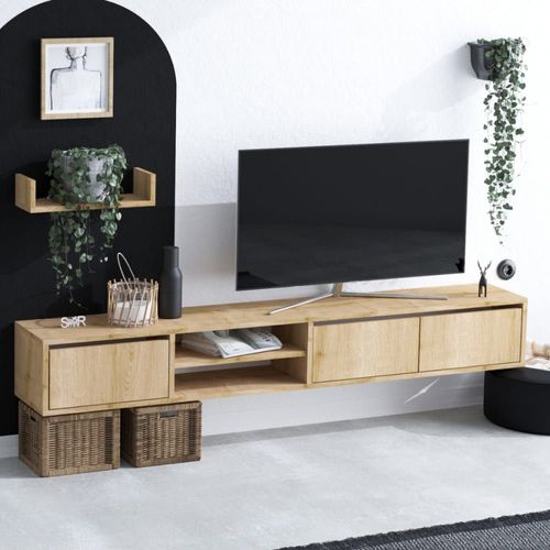 Meuble Tv Suspendu 3 Portes 2 Niches Décor Chêne Saphir L180 Cm