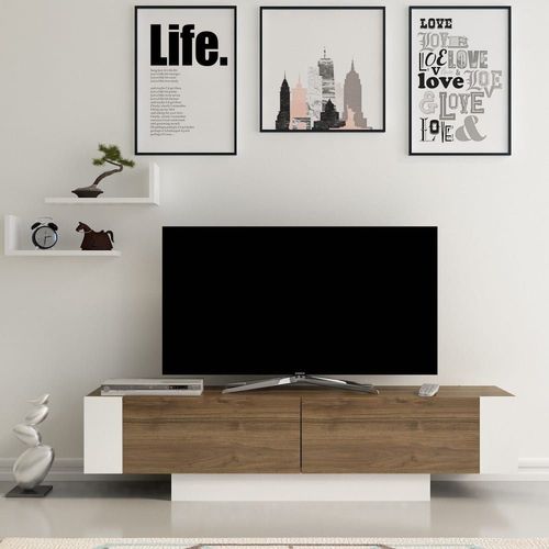 Meuble Tv Contemporain 150cm Avec Étagères Bois Et Blanc