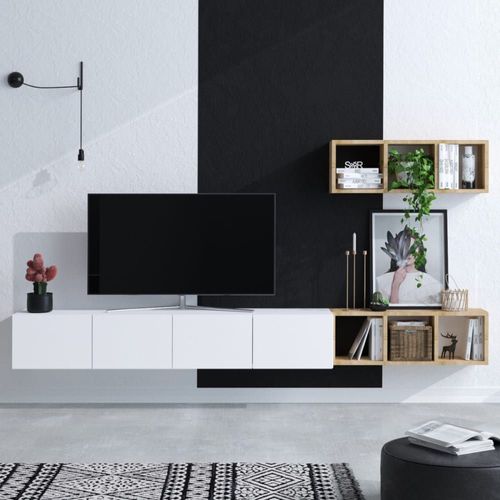 Meuble Tv Suspendu 4 Portes Blanc Et Étagère Chêne L215 Cm