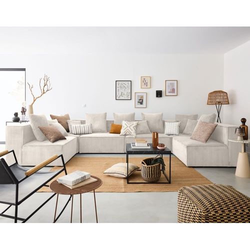 Canapé Modulable 7 Places En U En Velours Côtelé Beige
