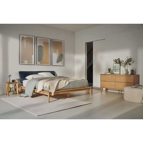 Lit Effet Bois Avec Tête De Lit Tissu Bleu Foncé 140 X 190/200 Cm