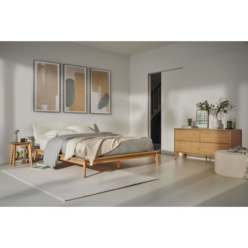 Lit Effet Bois Avec Tête De Lit Tissu Ecru 160 X 200 Cm