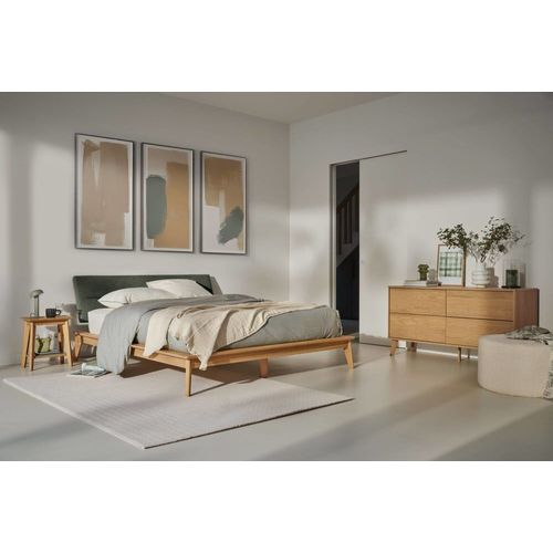 Lit Effet Bois Avec Tête De Lit Tissu Vert Foncé 140 X 190/200 Cm