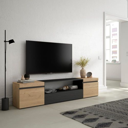 Meuble Tv Effet Bois De Chêne Et Noir 200x35x45cm