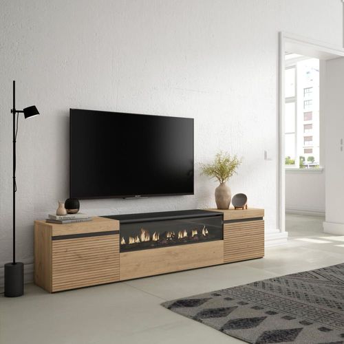 Meuble Tv Effet Bois De Chêne 200x35x45cm Cheminée Effet Feu