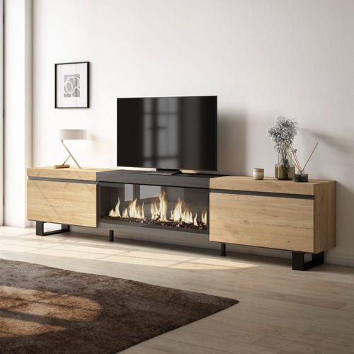 Meuble Tv Effet Bois De Chêne Et Noir 267x35x57 Cheminée Effet Feu Xxl