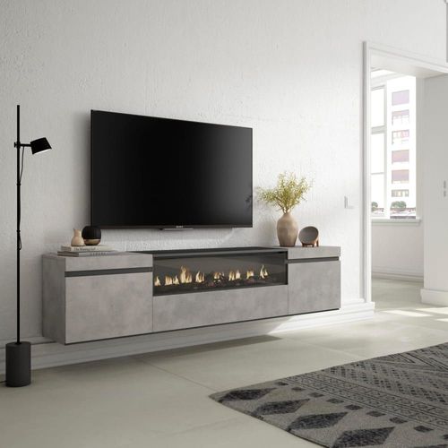 Meuble Tv Effet Bois Ciment 200x35x45cm Cheminée Effet Feu