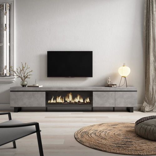 Meuble Tv Effet Bois Ciment 288x35x57cm Cheminée Effet Feu Xxl