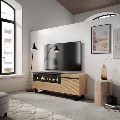 Meuble Tv Effet Bois De Chêne 150x35x57cm Cheminée Effet Feu