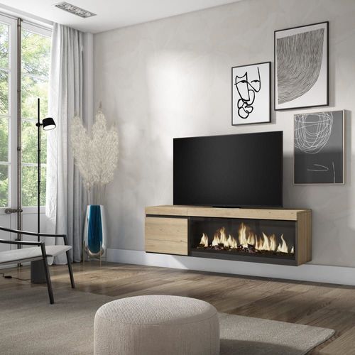 Meuble Tv Effet Bois De Chêne 158x35x45cm Cheminée Effet Feu Xxl