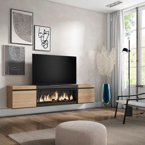Meuble Tv Effet Bois De Chêne Et Noir 208x35x45 Cheminée Effet Feu Xxl