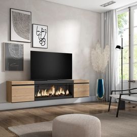 Meuble Tv Effet Bois De Chêne Et Noir 208x35x45 Cheminée Effet Feu Xxl