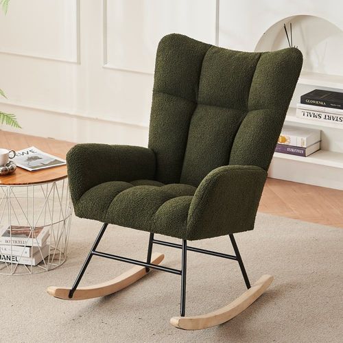 Fauteuil À Bascule En Tissu Vert Olive Effet Bouclette