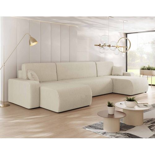 Canapé Panoramique 7 Places En U En Velours Côtelé Beige
