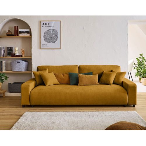Canapé Droit Convertible 3 Places En Velours Texturé Jaune