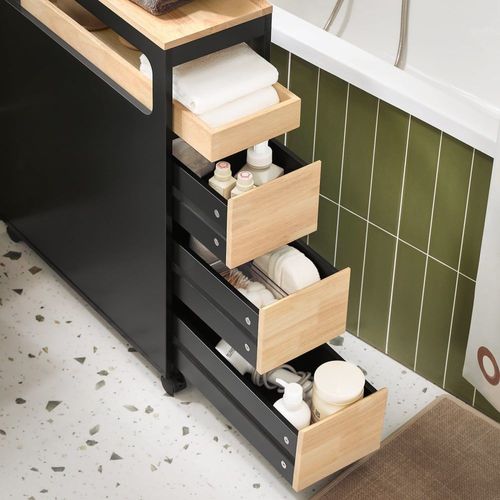 Meuble De Rangement Étroit Sur Roulettes 1 Plateau Et 3 Tiroirs Noir