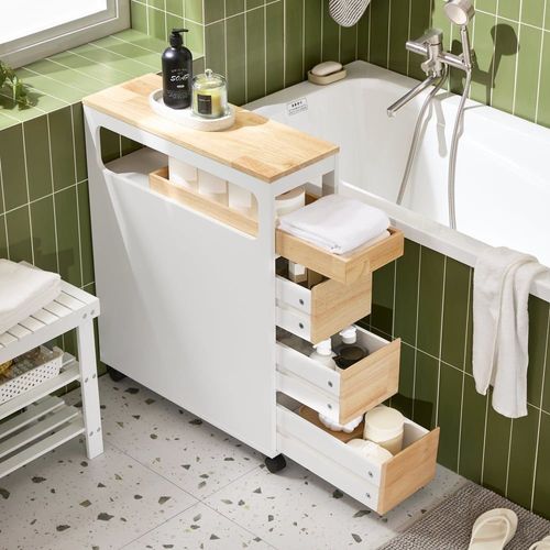 Meuble De Rangement Étroit Sur Roulettes 1 Plateau Et 3 Tiroirs Blanc