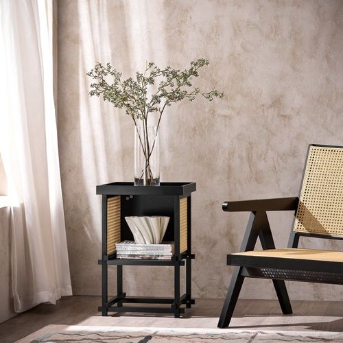 Table D'appoint Design Avec Compartiment Ouvert, Cadre En Bambou