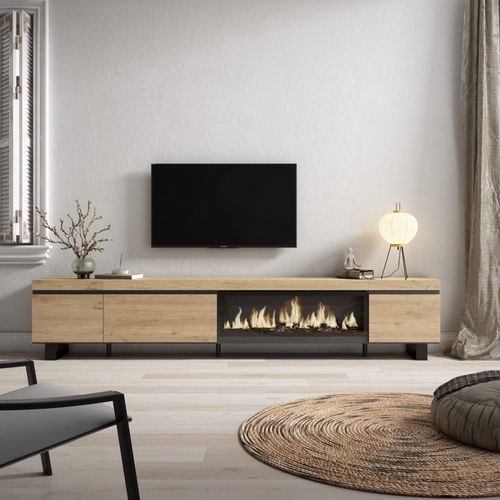 Meuble Tv Effet Bois De Chêne 288x35x57cm Cheminée Effet Feu Xxl