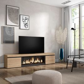 Meuble Tv Effet Bois De Chêne 208x35x45cm Cheminée Effet Feu Xxl