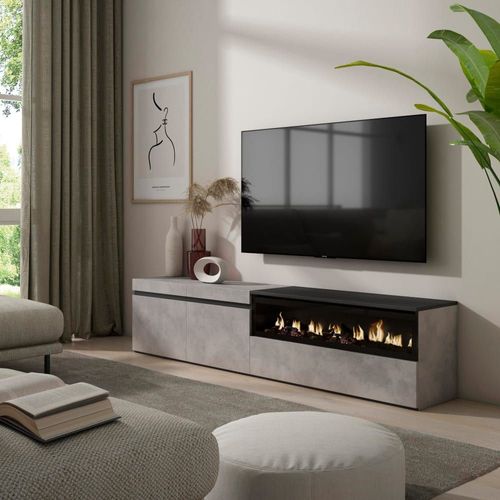 Meuble Tv Effet Bois Ciment 200x35x45cm Cheminée Effet Feu