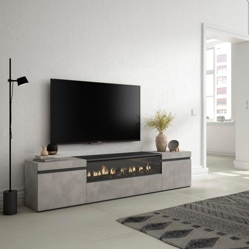 Meuble Tv Effet Bois Ciment 200x35x45cm Cheminée Effet Feu