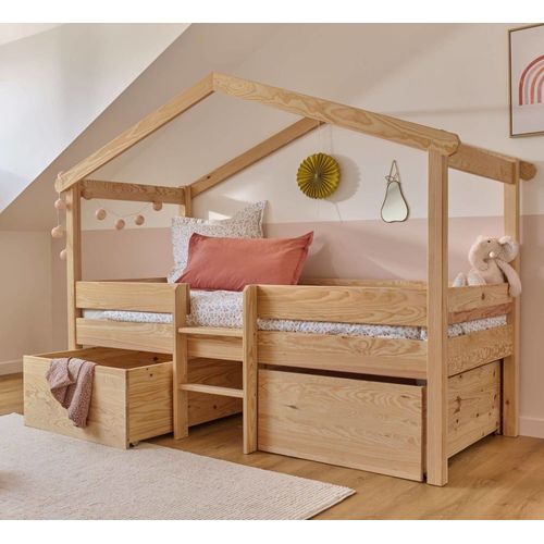 Lit Cabane En Bois Massif Vernie 90x190 Cm