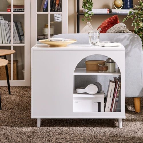 Bout De Canapé Avec 1 Tiroir 1 Porte Et Compartiments Effet Bois Blanc